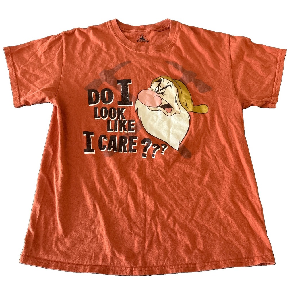 Disney Grumpy Do I Look Like I Care Graphic T-Shirt Mens L Orange Seven Dwarfs